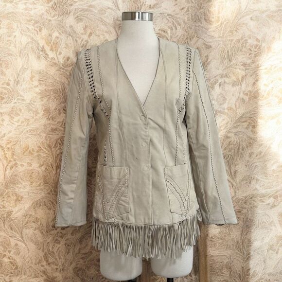 Coldwater Creek Leather Tan Brown Fringe Jacket Coat Concho Medium Large - Picture 1 of 9